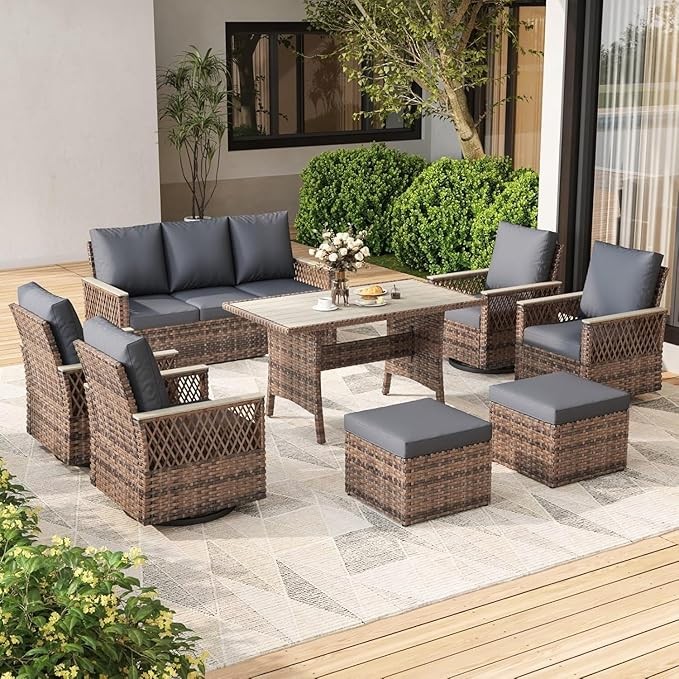 8 Pieces Outdoor Patio Furniture Set with High Back Wicker Chairs and Ottomans, 3-Seat Sofa and Dining Table, All-Weather Conversation Set with Water-Resistant Cushions for Garden, Backyard Use